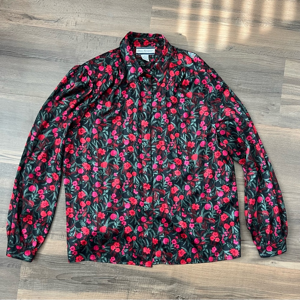 Vintage Dana Alexander Floral Button Down Long Sleeve Blouse Black Red Sz 14 - Picture 1 of 8